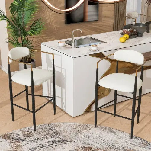Barstools Set Of 2, Counter Height Upholstered Bar Stools With Back For Kitchen Island, Beige Faux PU Leather Seating Black Iron Legs 260LBS Weight Capacity My Store