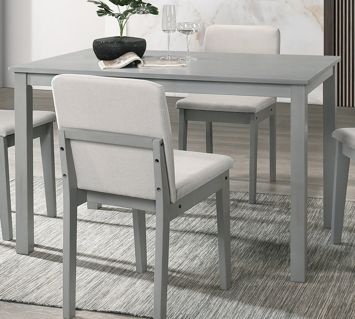 Grey Finish 5 Piece Dining Room Set Dining Table 4x Chairs Beige Fabric Chairs Inkedjoy