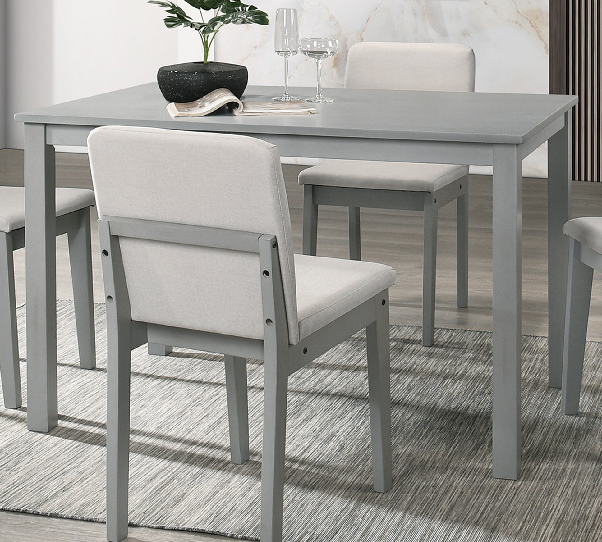 Grey Finish 5 Piece Dining Room Set Dining Table 4x Chairs Beige Fabric Chairs Inkedjoy