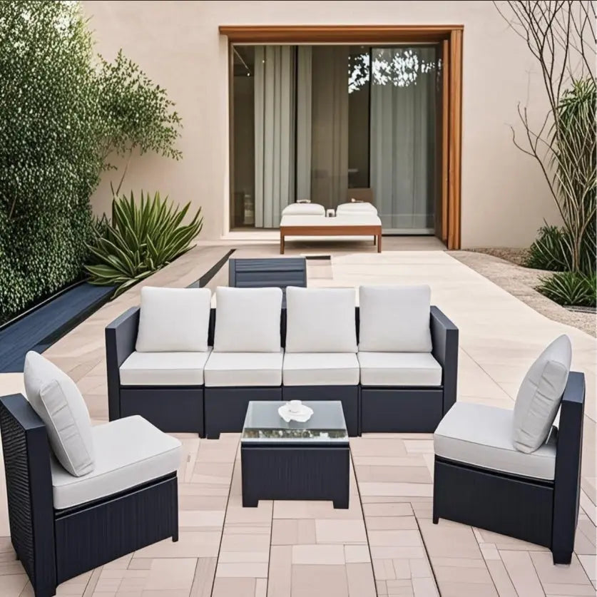 Seven-Piece Sofa Set Table With Sofa Chair Black PE Rattan With Color Cushion My Store