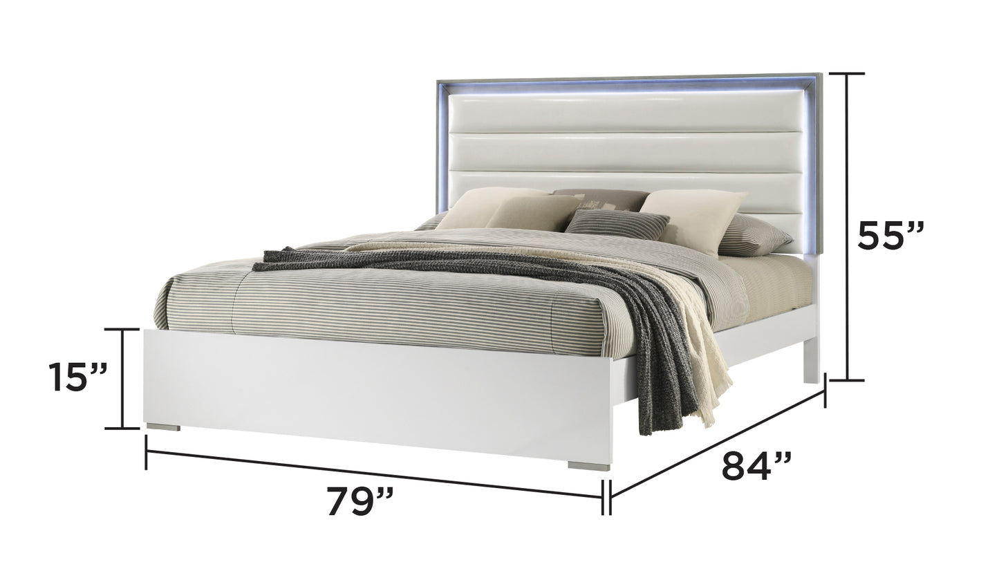 Contemporary 5-Pc King Bed Set with LED Headboard, Wood, White Finish - Ohberri