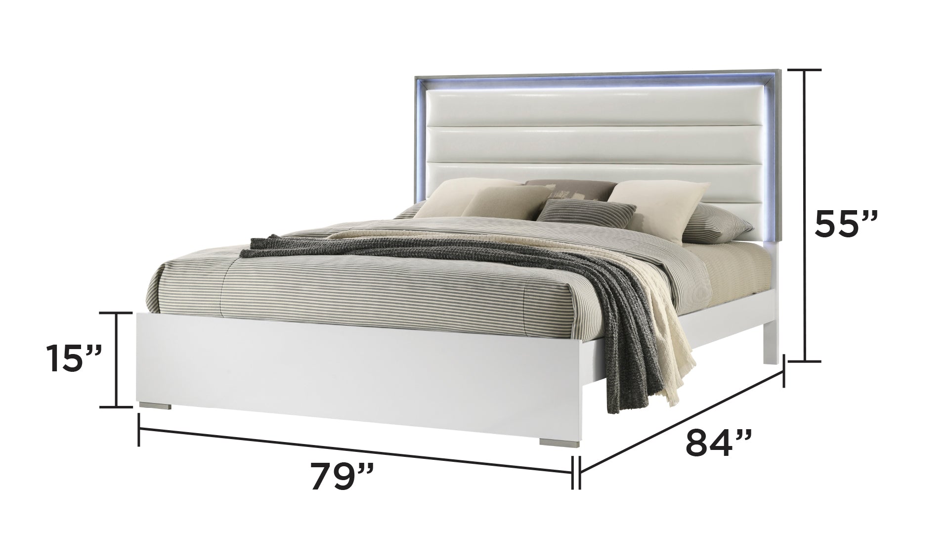 Contemporary 5-Pc King Bed Set with LED Headboard, Wood, White Finish - Ohberri