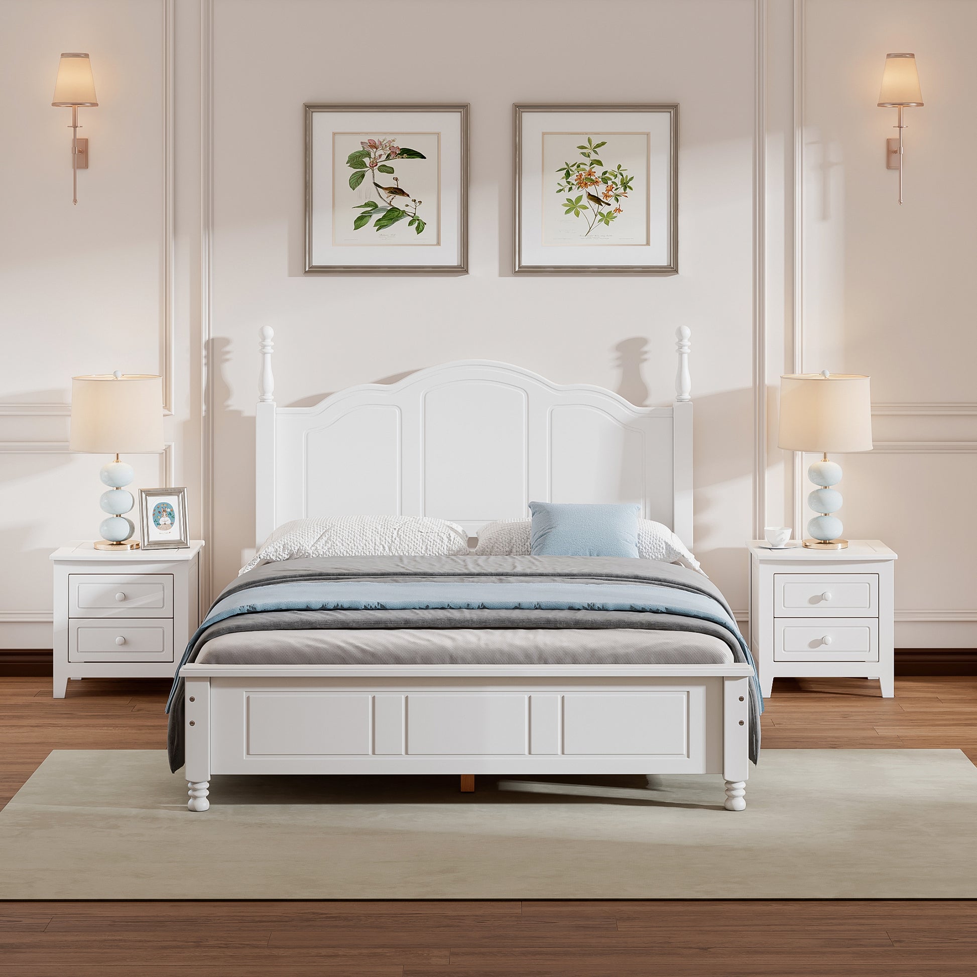 Full Size Wooden Platform Bed with 2 Nightstands, White 3-Piece Bedroom Set - Ohberri