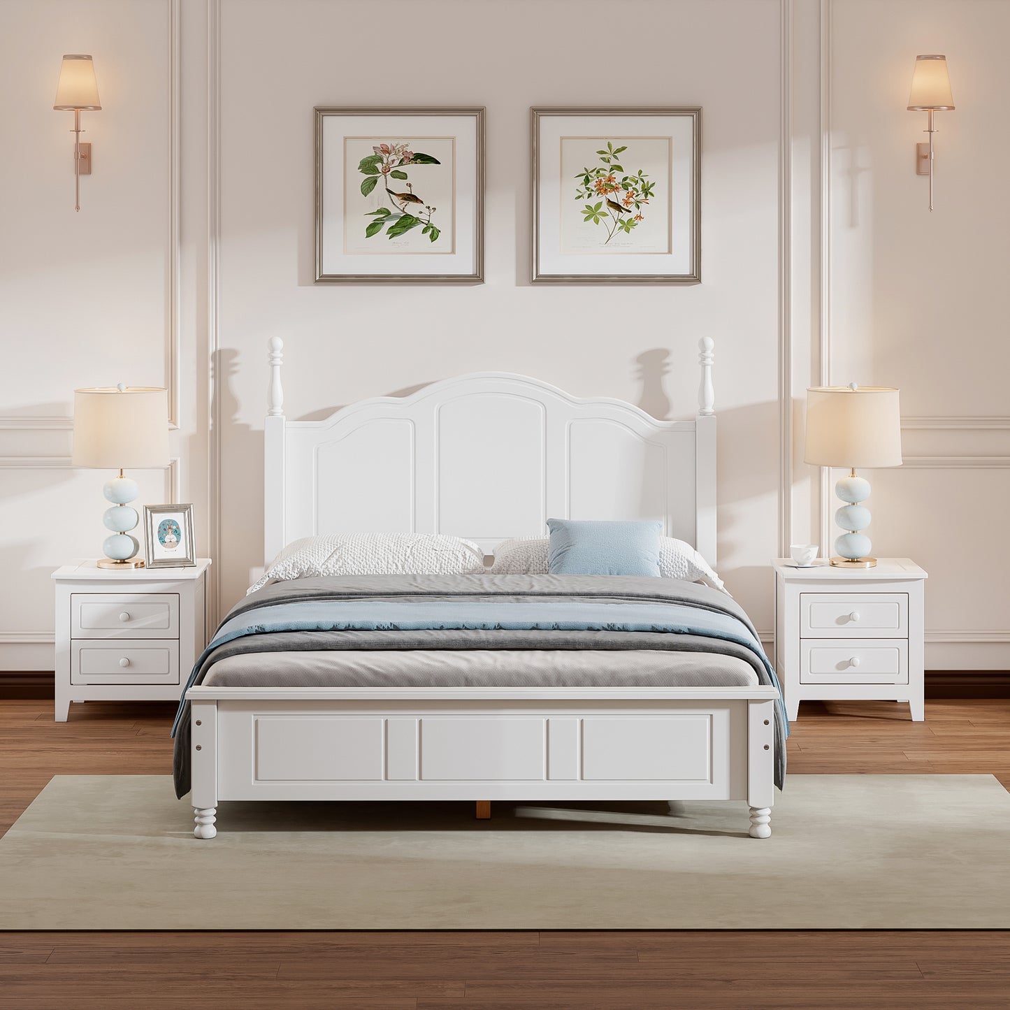 Full Size Wooden Platform Bed with 2 Nightstands, White 3-Piece Bedroom Set - Ohberri