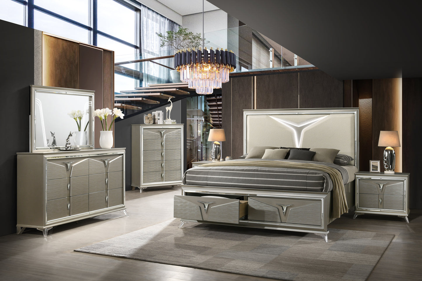 Modern King 5PC Bedroom Set with Wood Construction & LED Headboard Lighting - Ohberri