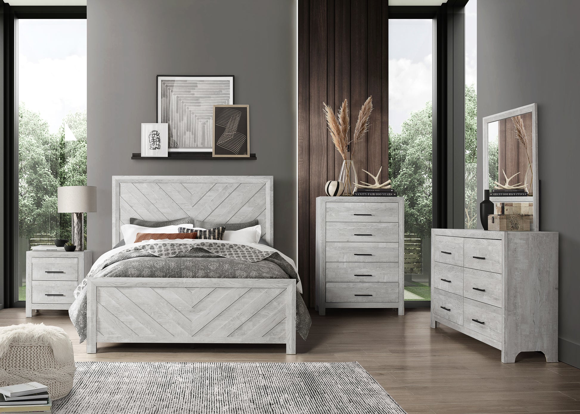 Modern Twin 5PC Storage Bedroom Set - Natural Wood Finish, Elegant Design - Ohberri