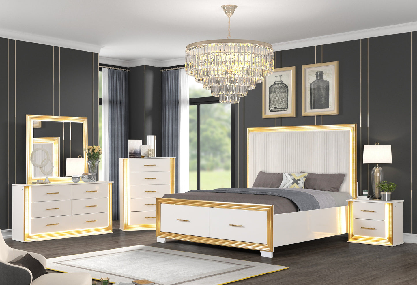 Contemporary 5PC King Bedroom Set in Wood with Gold Finish - Ohberri