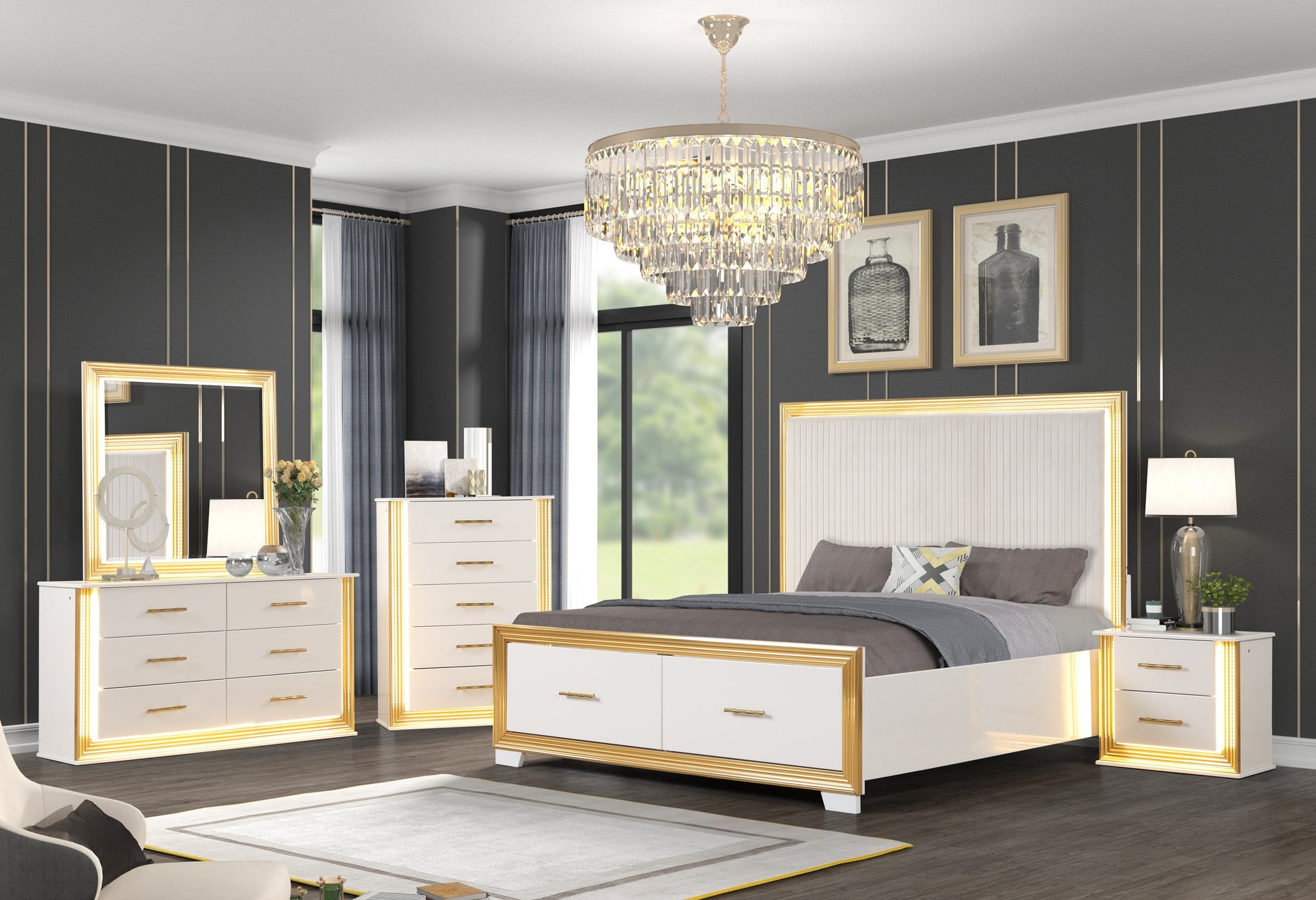 Contemporary 5PC King Bedroom Set in Wood with Gold Finish - Ohberri