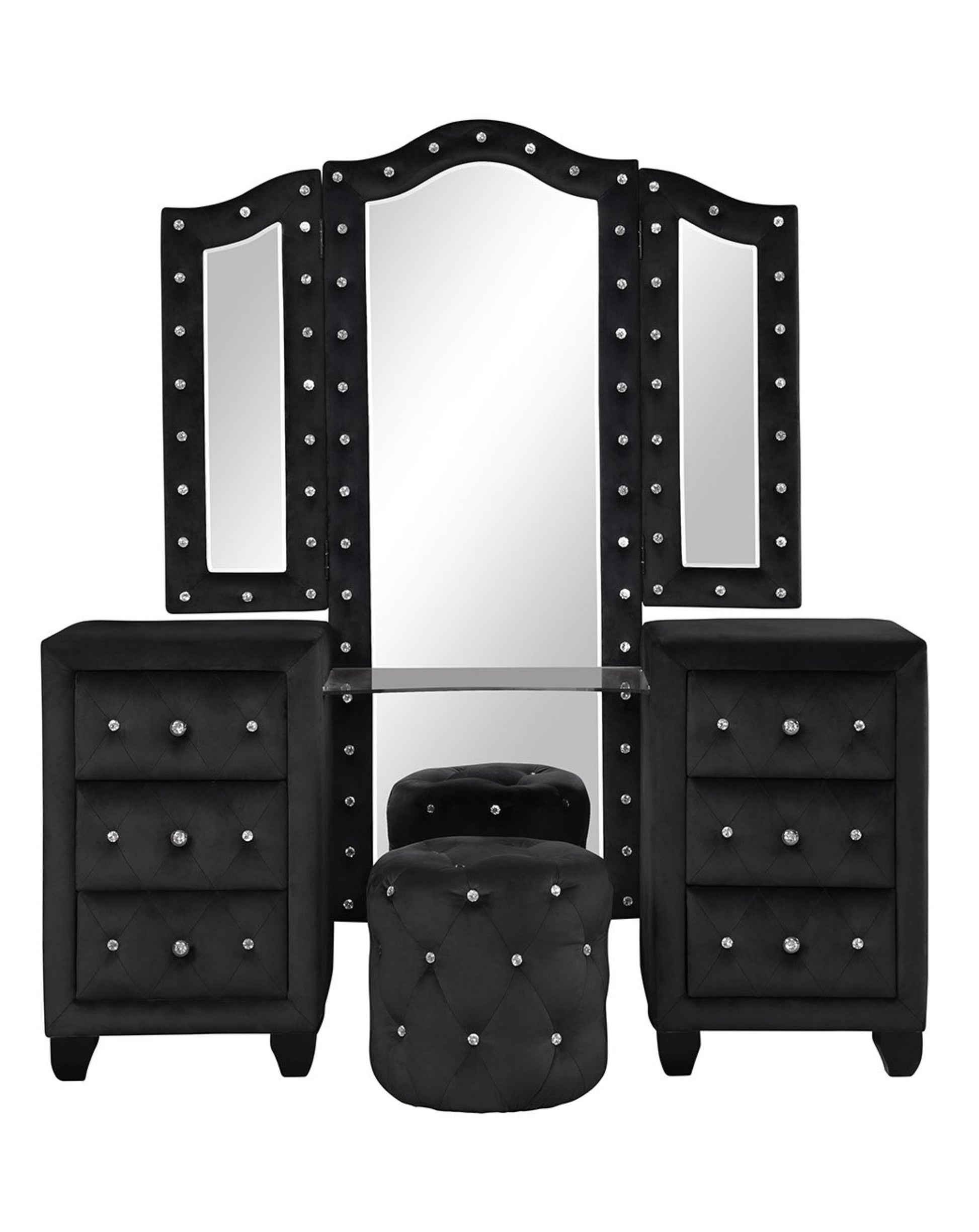 Black Queen Vanity Bedroom Set 5-Piece Wood Furniture with Crystal Tufting, Stylish and Elegant Design for Modern Decor - Ohberri