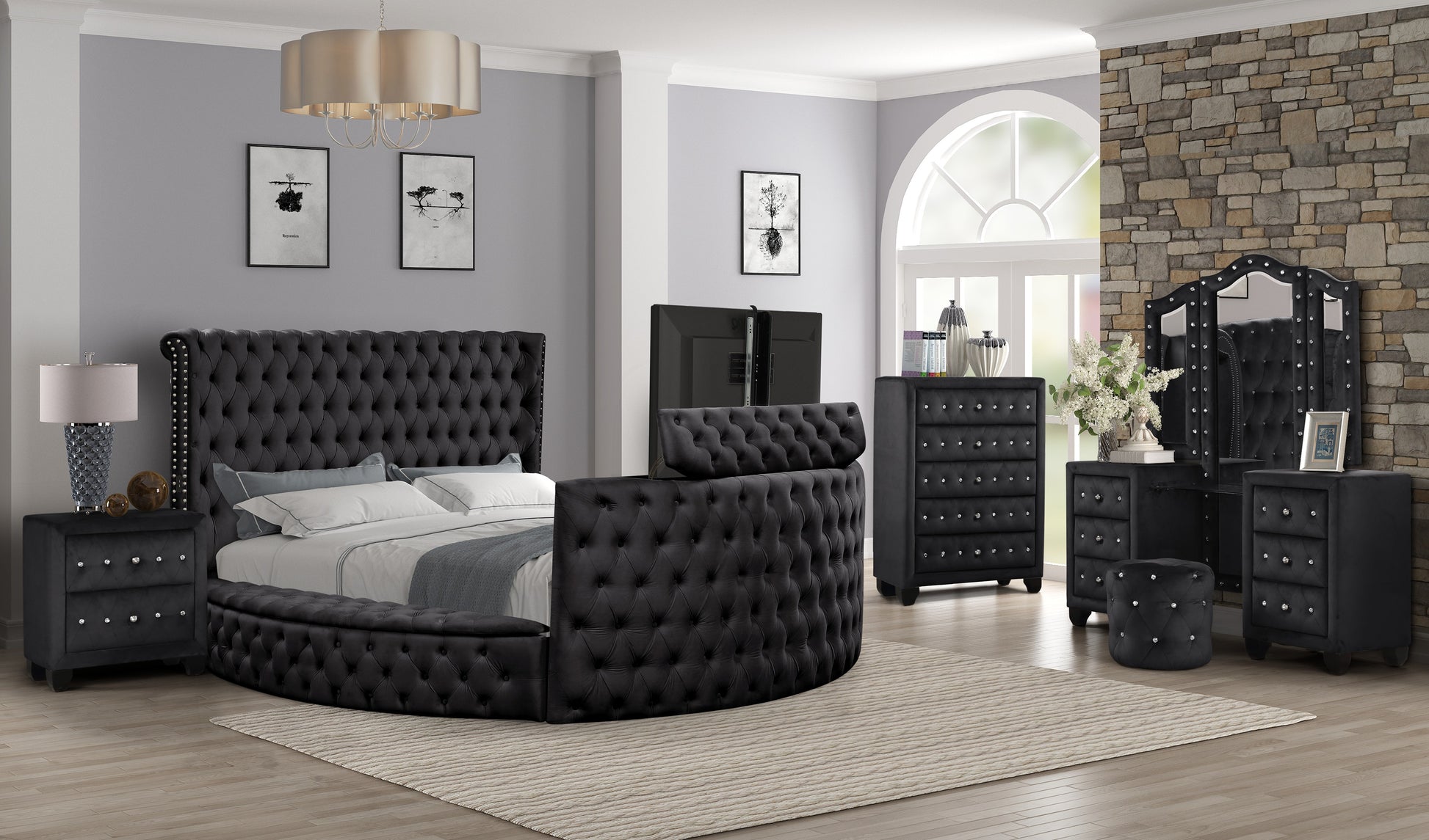 Black Queen Vanity Bedroom Set 5-Piece Wood Furniture with Crystal Tufting, Stylish and Elegant Design for Modern Decor - Ohberri