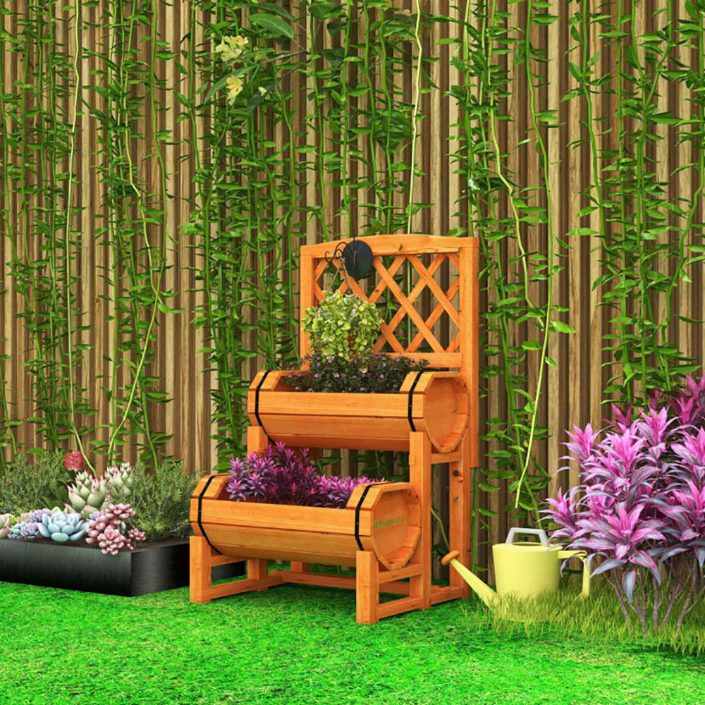 Wooden 2-Tier Raised Garden Bed With 2 Cylindrical Planter Boxes And Trellis Ohberri