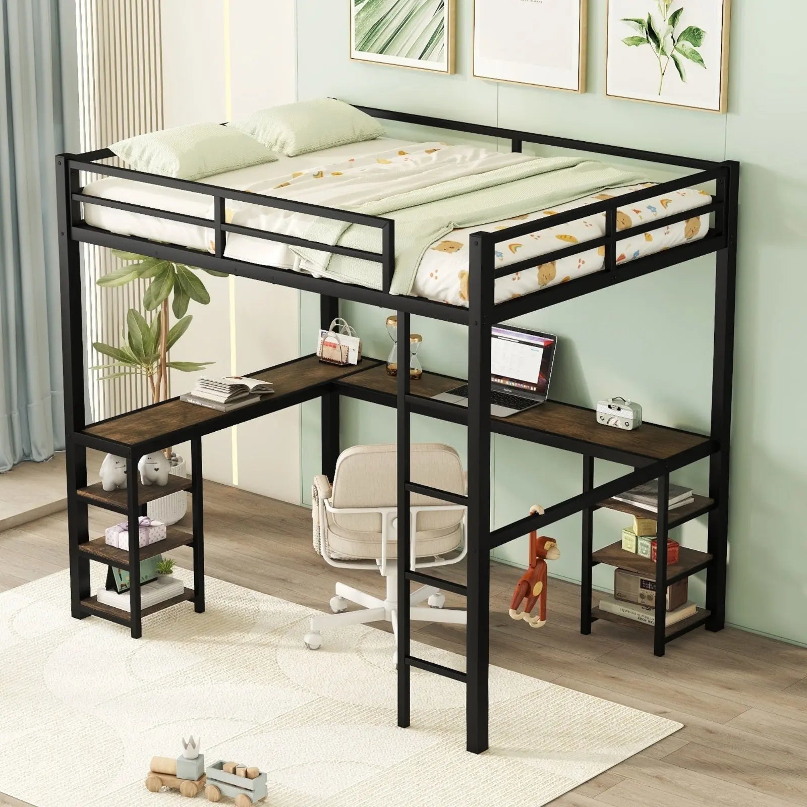 Full Metal Loft Bed With Desk And Shelves, Loft Bed With Ladder And Guardrails- Black My Store
