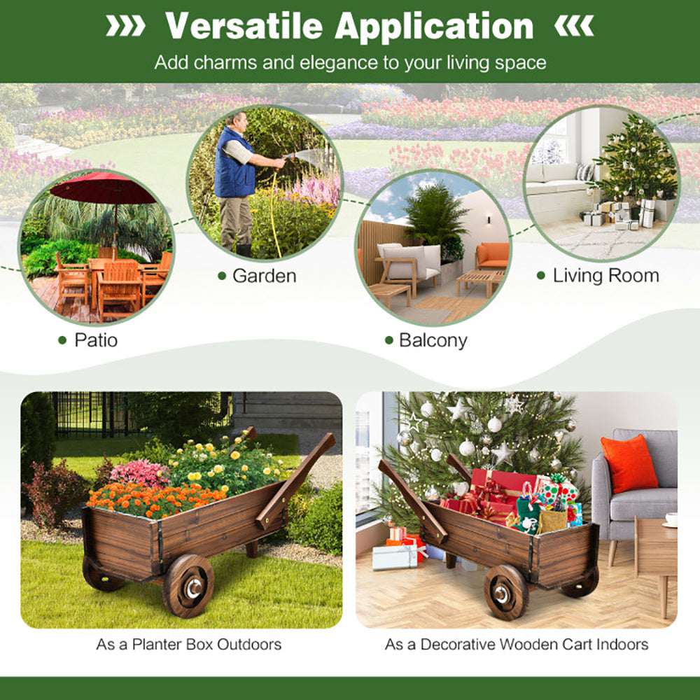 Wooden Wagon Planter Box With Wheels Handles And Drainage Hole My Store