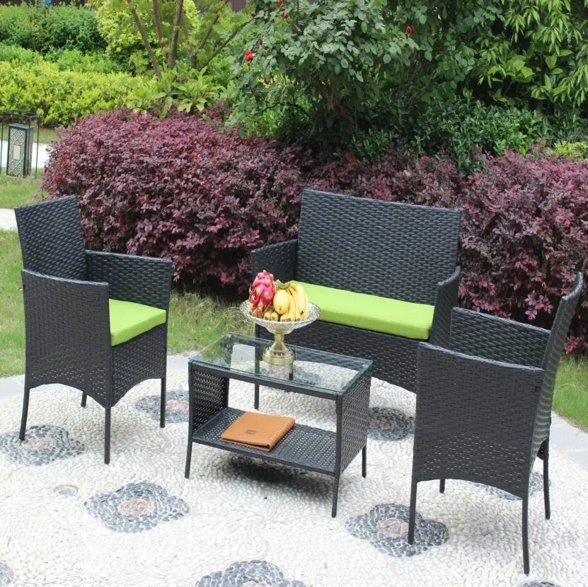4PC Rattan Patio Furniture Set Outdoor Wicker Sofa W Green Cushions My Store