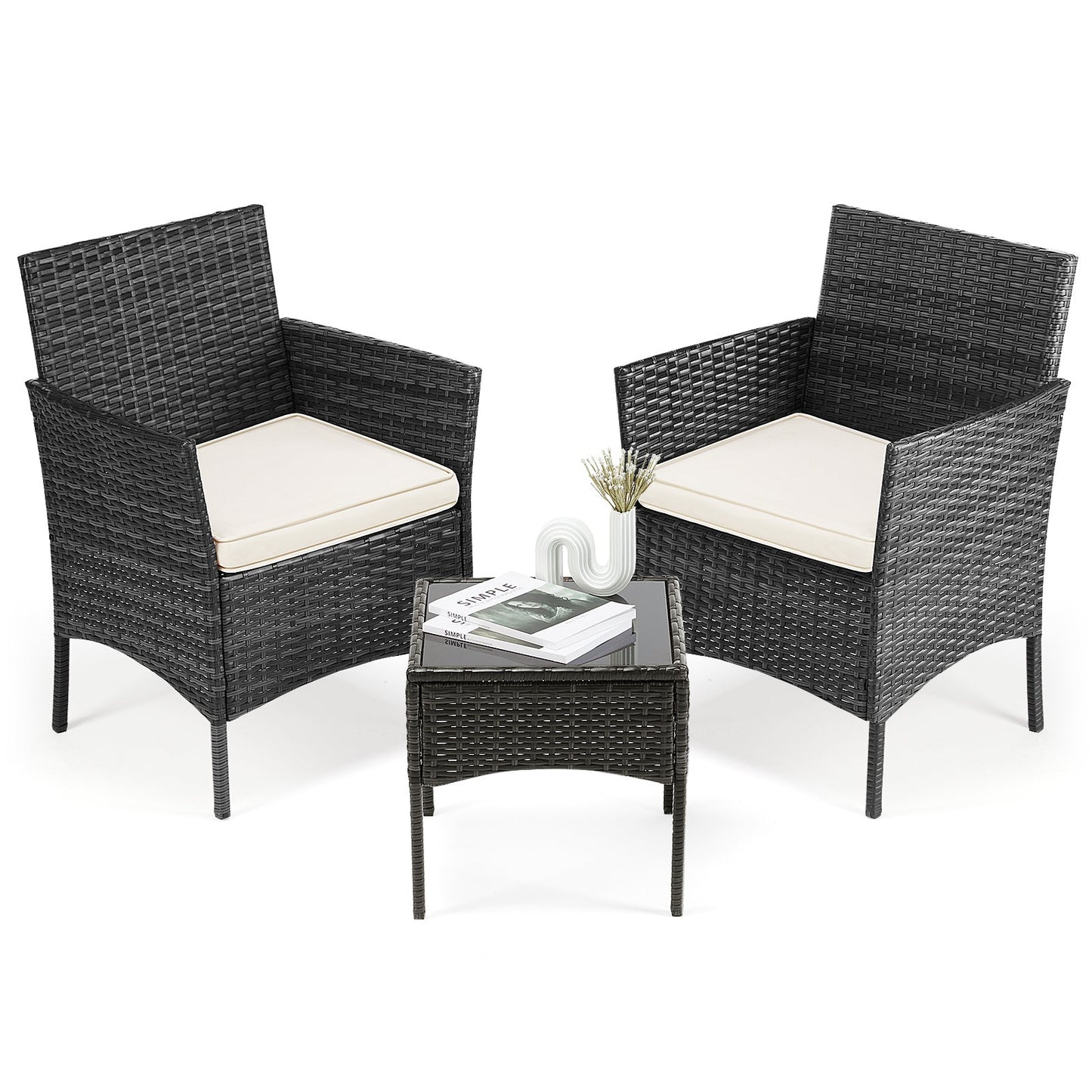 4 Pieces, Outdoor Furniture With Glass Table, Weaving Wicker Rattan Patio Chairs Inkedjoy