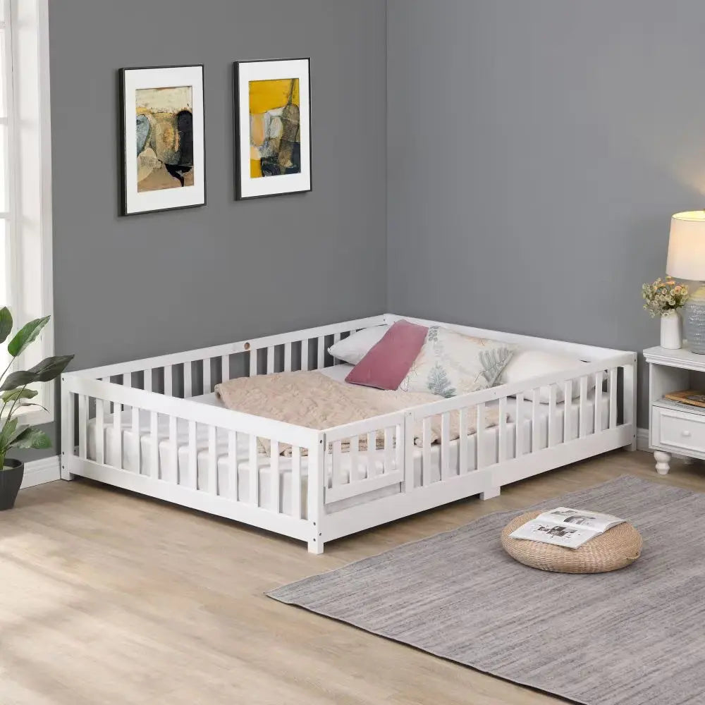 Twin Size Floor Bed With Door,Solid Wood Platform Bed Frame With Fence,Suitable For Children,Pine Wood, My Store