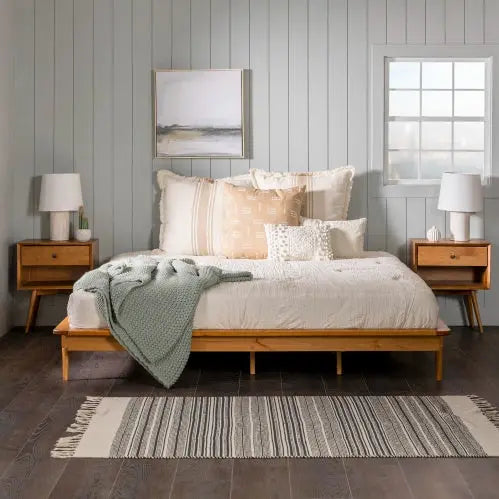 Mid-Century Modern Solid Wood King Platform Bed Frame Caramel My Store