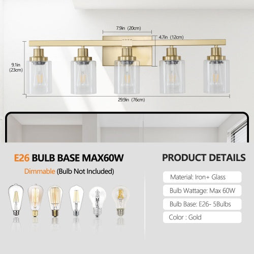 Gold 5 Light Vanity Light With Clear Glass Shade, Modern Iron Bathroom Wall Fixture My Store