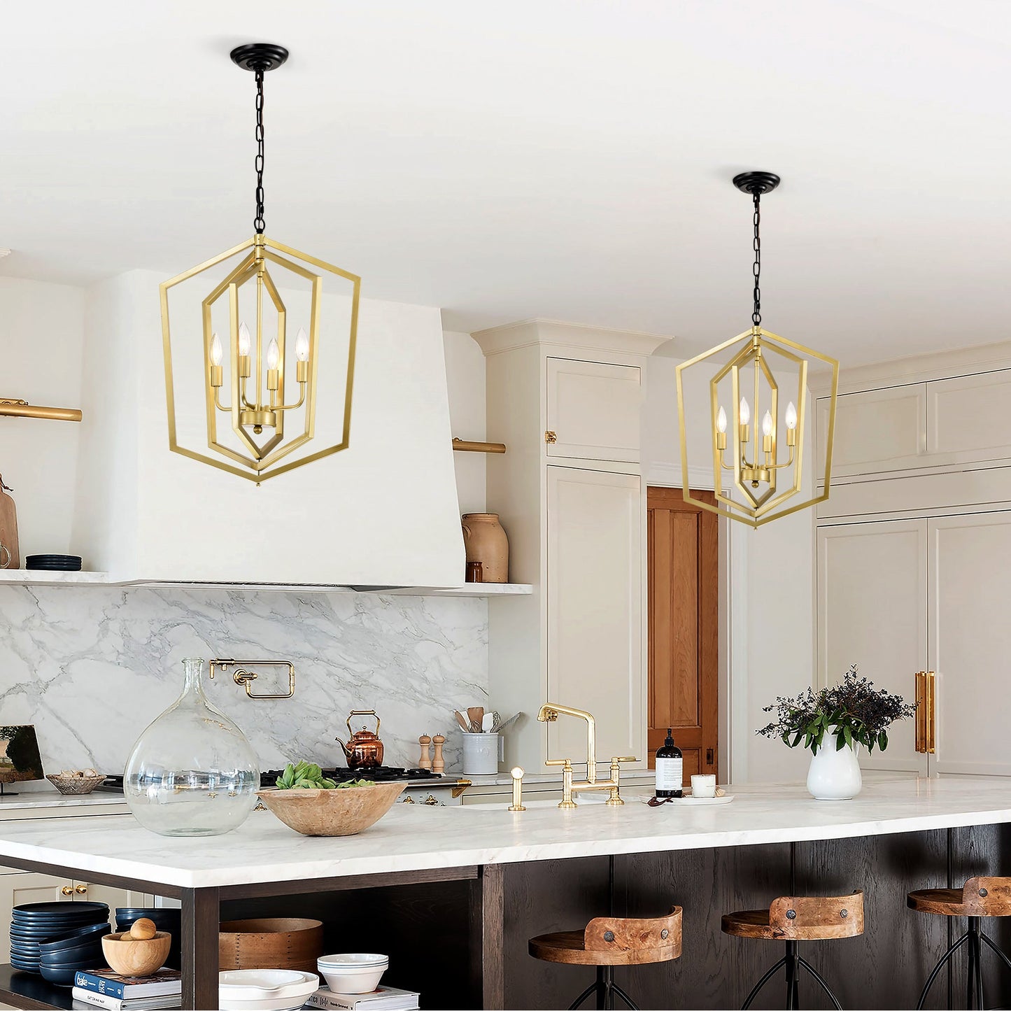 4-Light Farmhouse Kitchen Chandeliers, Vintage Cage Light Fixture -GOLD MATTE BLACK Inkedjoy