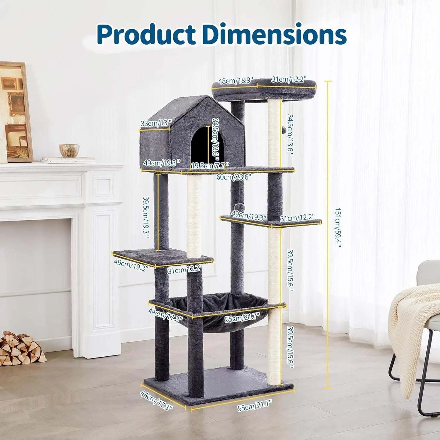 60 InchMulti-Level Cat Tree For Indoor Cats With Plush Hammock My Store