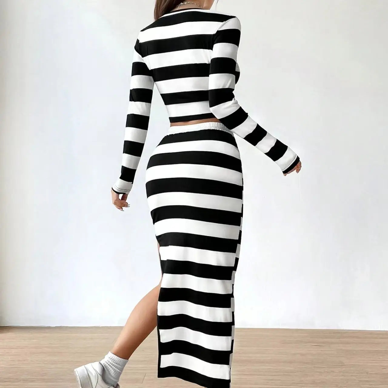 Ladies' Fashion Striped Printed Long Sleeved Top With Slit Skirt My Store