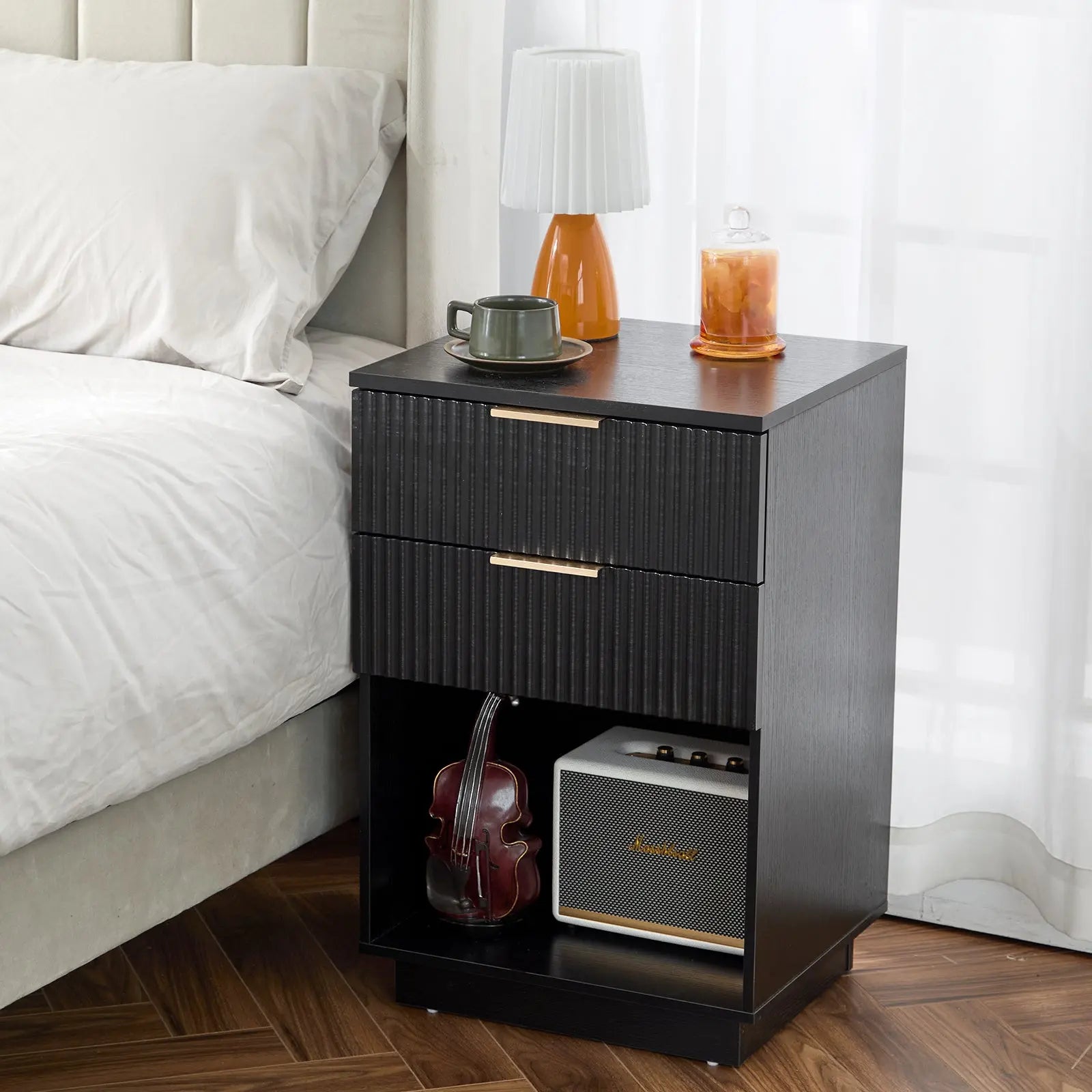 Black P2 Density Board, Wave Pattern Drawer Surface, 2 Drawer Bedside Cabinet 1pc My Store