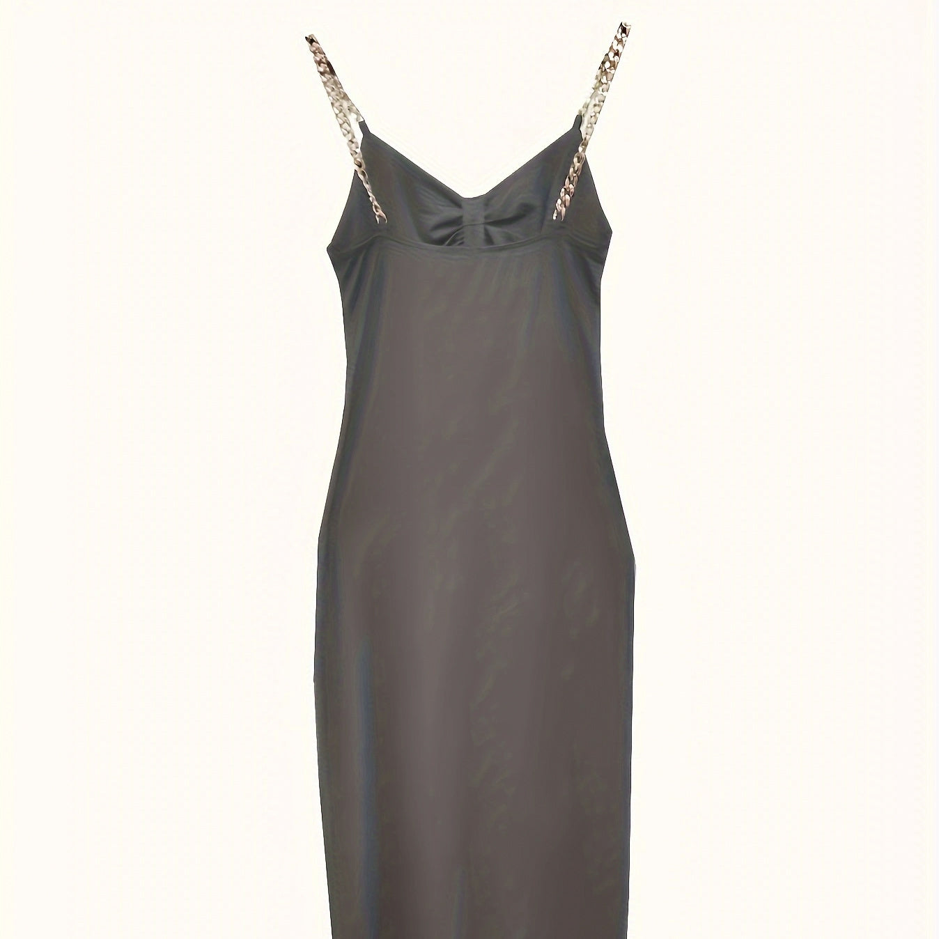 Women's Solid Color New Fashionable Metal Chain Hollow Chest Pleat Details Slit Design Sense Long Sexy Style Dress Inkedjoy