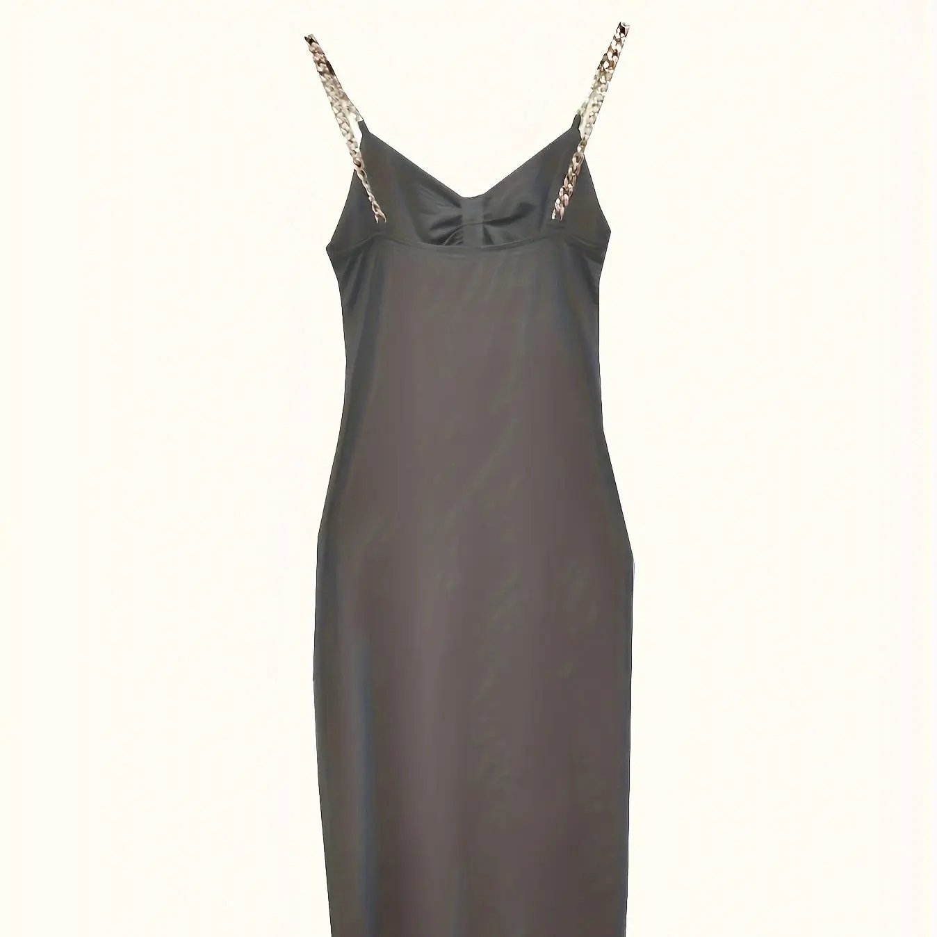 Women's Solid Color New Fashionable Metal Chain Hollow Chest Pleat Details Slit Design Sense Long Sexy Style Dress Inkedjoy