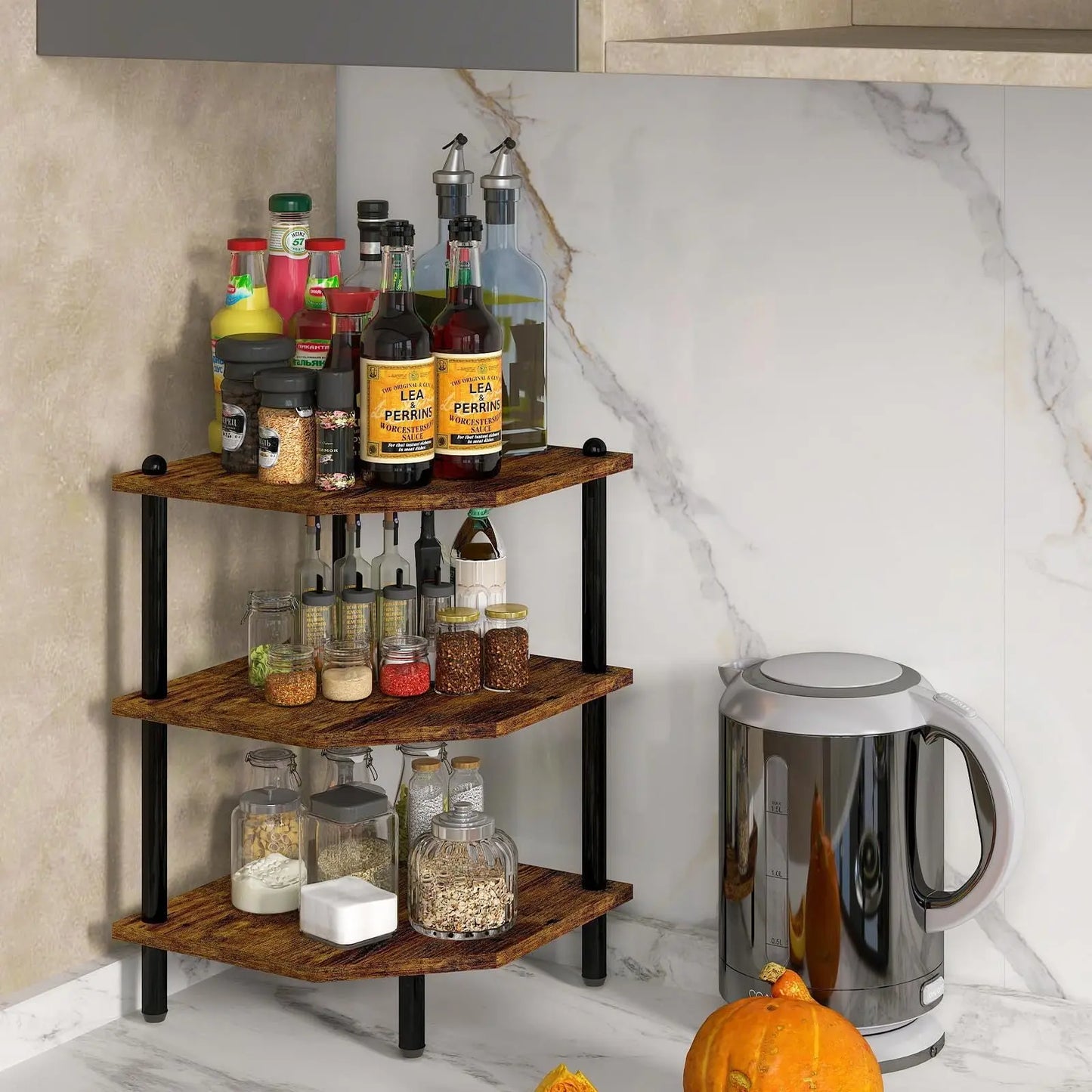 Desk Corner Shelves, Three-tier Corner Storage Shelves, Rustic Brown Shelves Suitable For Small Spaces, Suitable For Home Offices, Kitchens, Bathrooms My Store