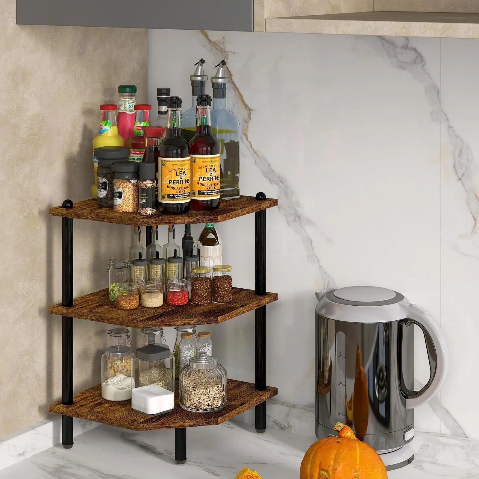 Desk Corner Shelves, Three-tier Corner Storage Shelves, Rustic Brown Shelves Suitable For Small Spaces, Suitable For Home Offices, Kitchens, Bathrooms My Store