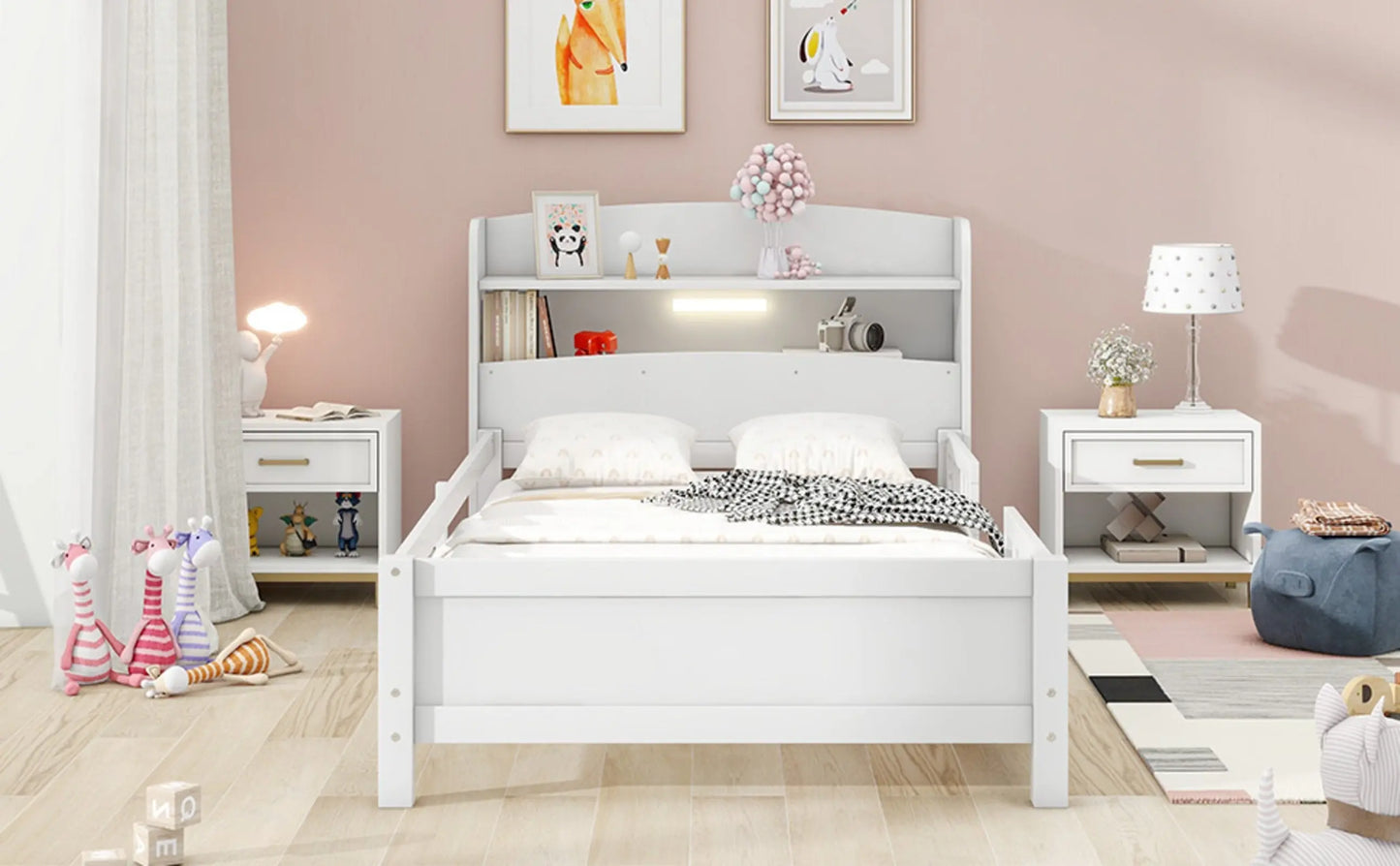 Twin Size Wood Platform Bed With LED, Storage Headboard & Guardrail, White My Store