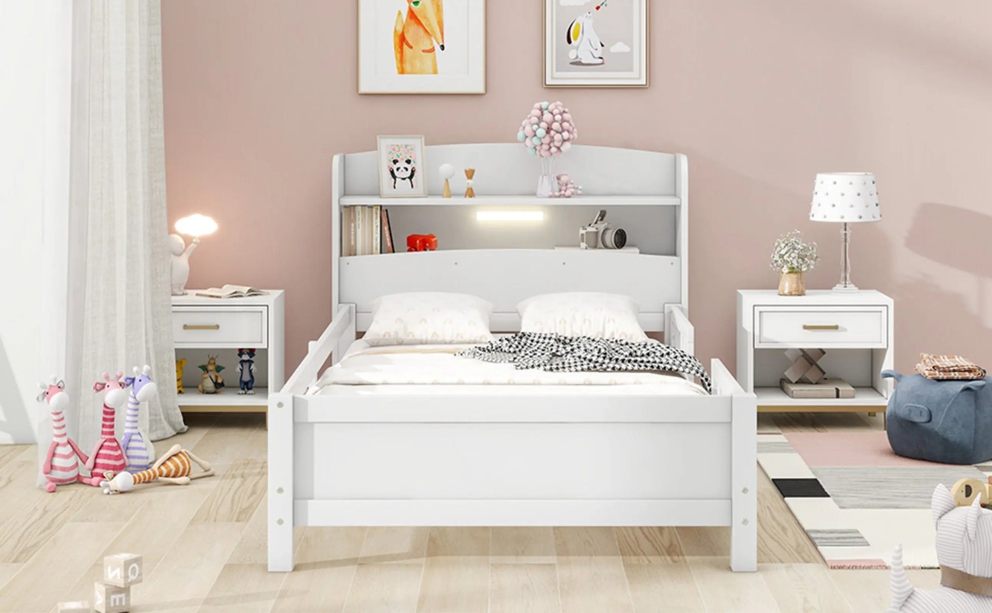 Twin Size Wood Platform Bed With LED, Storage Headboard & Guardrail, White My Store