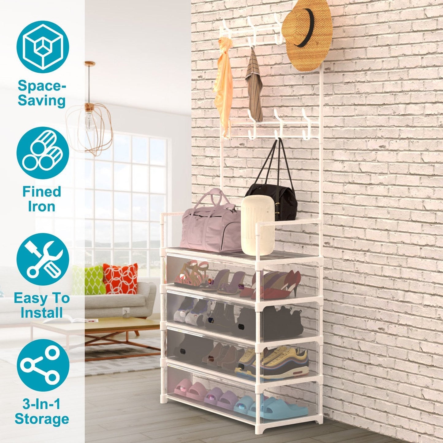 5 Tier Shoe Rack With Coat Rack - White Inkedjoy