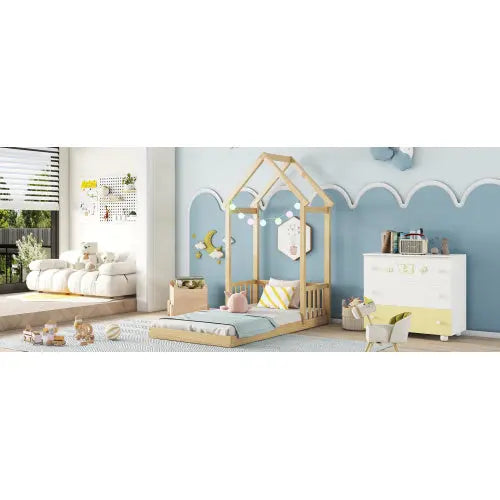 Twin House-shaped Roof Headboard Floor Bed,,without Slats,Natural My Store