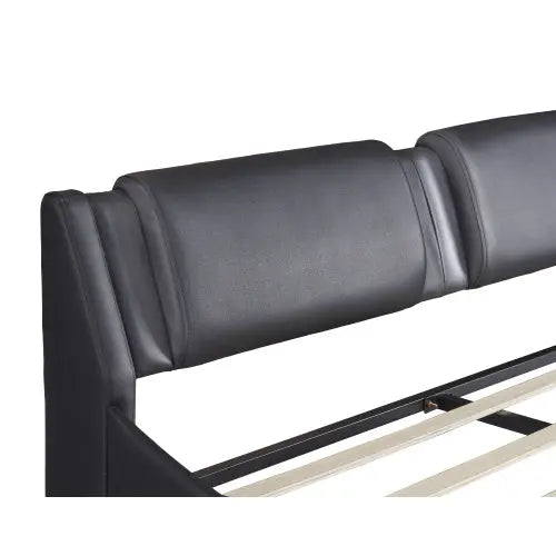 Full Size Upholstered Faux Leather Platform Bed With LED Light Bed Frame With Slatted - Black My Store
