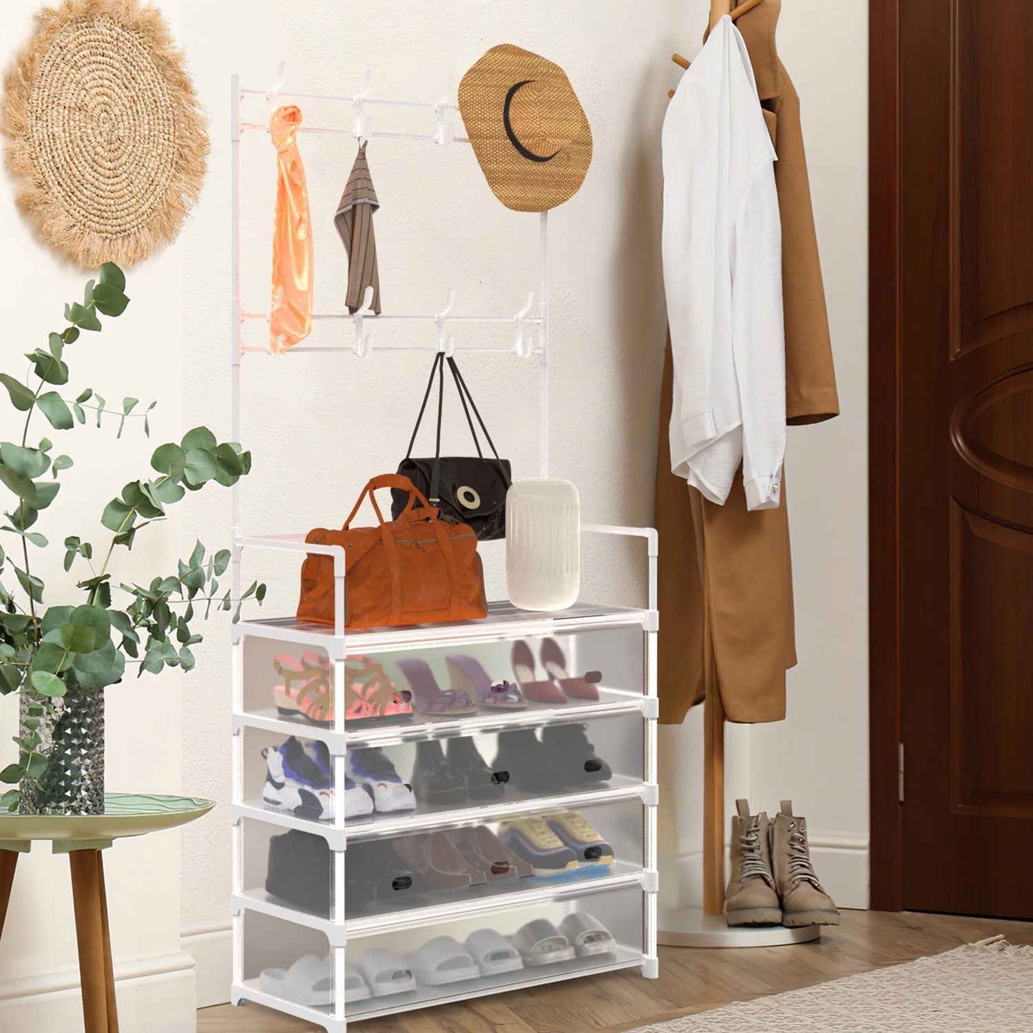 5 Tier Shoe Rack With Coat Rack - White Inkedjoy