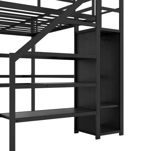 Twin XL Size Loft Bed With L-shaped Desk And USB, Metal -Black My Store