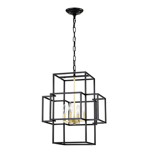 4-Light Metal Lantern Tiered Pendant Hanging Light Fixtures -Matte Black & Gold Inkedjoy