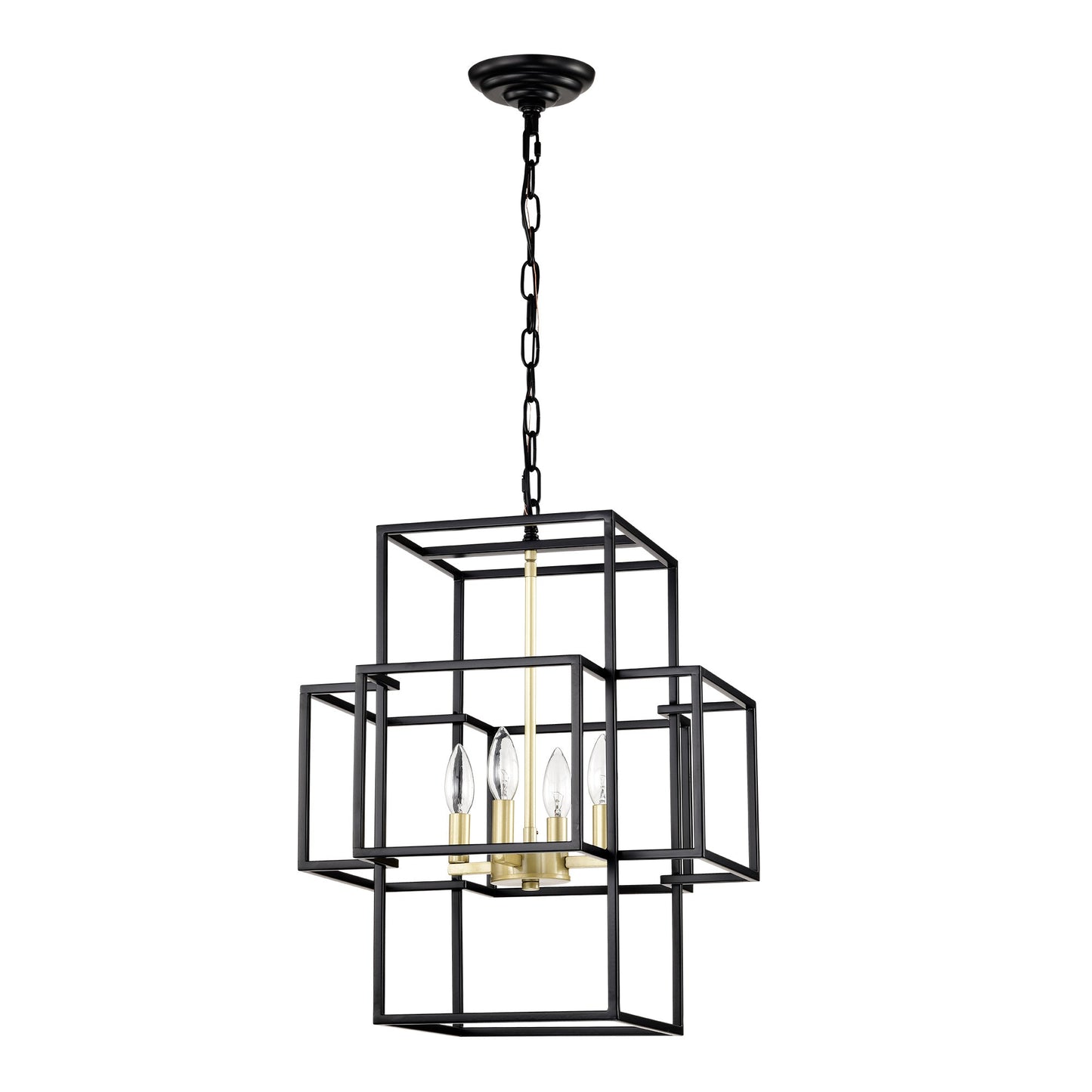 4-Light Metal Lantern Tiered Pendant Hanging Light Fixtures -Matte Black & Gold Inkedjoy