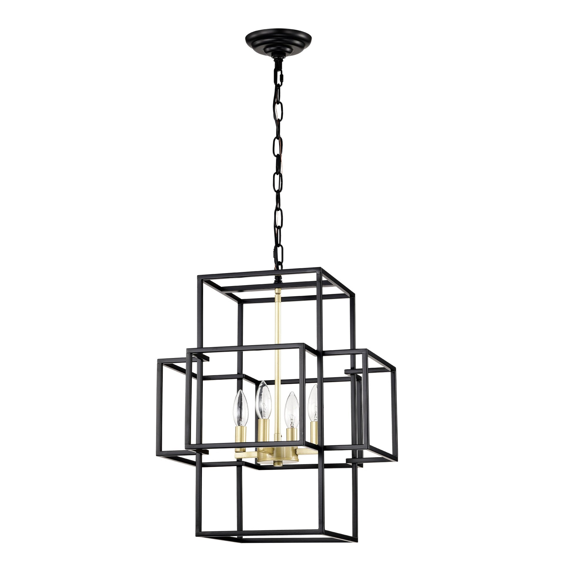 4-Light Metal Lantern Tiered Pendant Hanging Light Fixtures -Matte Black & Gold Inkedjoy