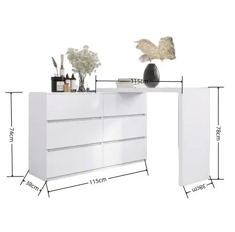 Extended Desktop 6 Drawers Chest Of Drawer Without Handle White Color Vanity My Store