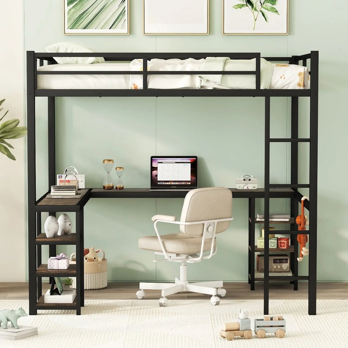 Full Metal Loft Bed With Desk And Shelves, Loft Bed With Ladder And Guardrails- Black My Store