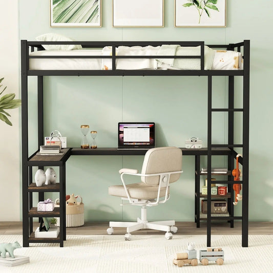 Full Metal Loft Bed With Desk And Shelves, Loft Bed With Ladder And Guardrails- Black My Store