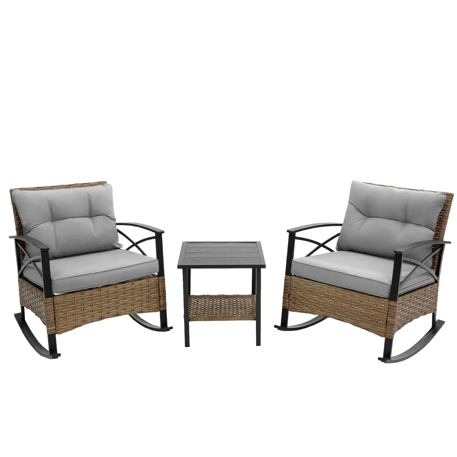 3pcs Rattan Rocking Chair Set Outdoor Leisure Grey My Store