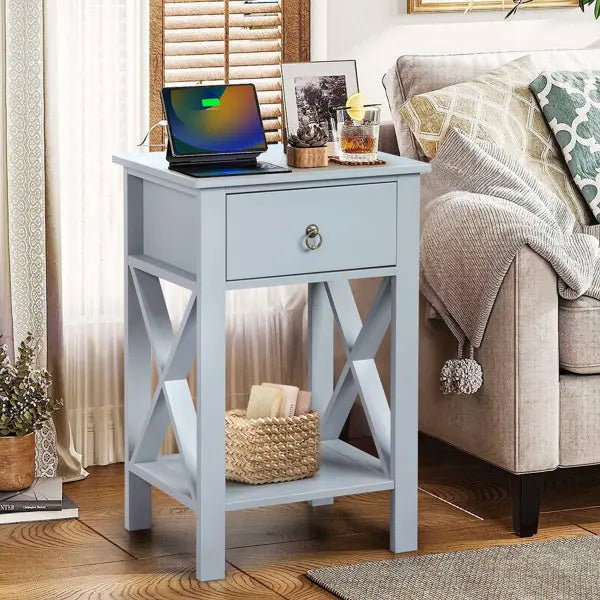 Gray P2 Grade, MDF Spray Paint, Side Cross Type, One Drawer Bedside Cabinet 2pcs My Store