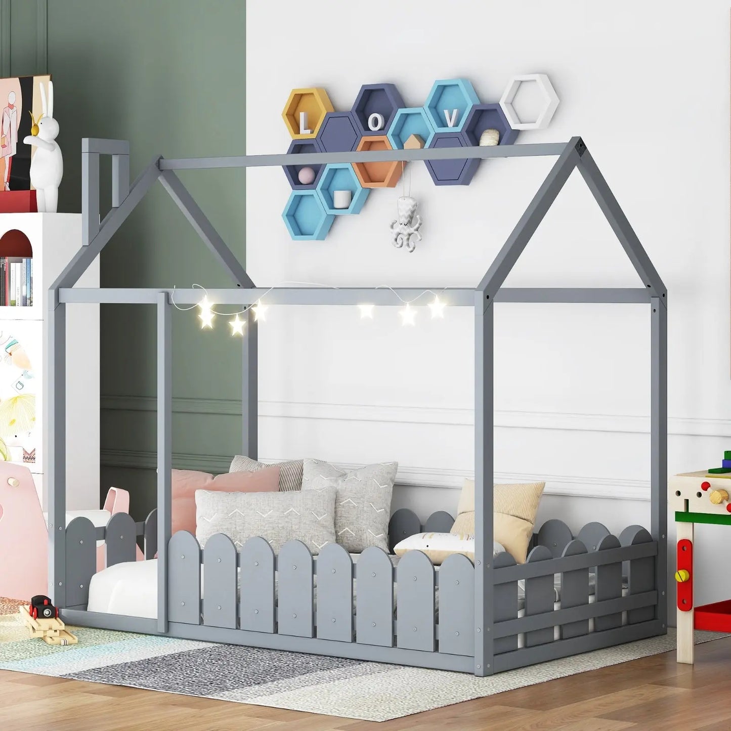 Twin Size Wood House Bed Frame With Fence For Kids, Teens - No Slats My Store
