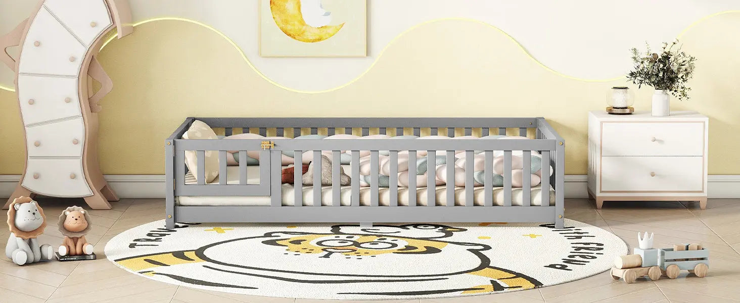Twin Size Bed Floor Bed With Safety Guardrails And Door For Kids, Gray My Store