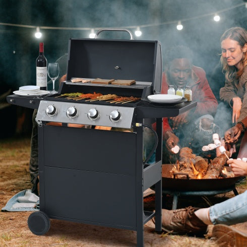 Propane Gas Grill 4 Burner Barbecue Grill With Two Shelves, Lid, Wheels And Bottle Opener Inkedjoy