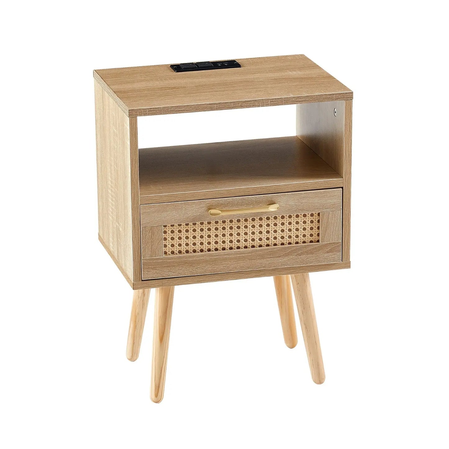 15.75 Rattan End Table With Power Outlet, USB Ports, Drawer Solid Wood My Store