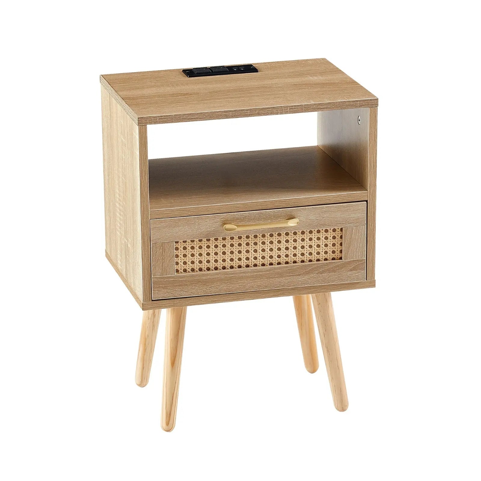 15.75  Rattan End Table With Power Outlet, USB Ports, Drawer   Solid Wood My Store